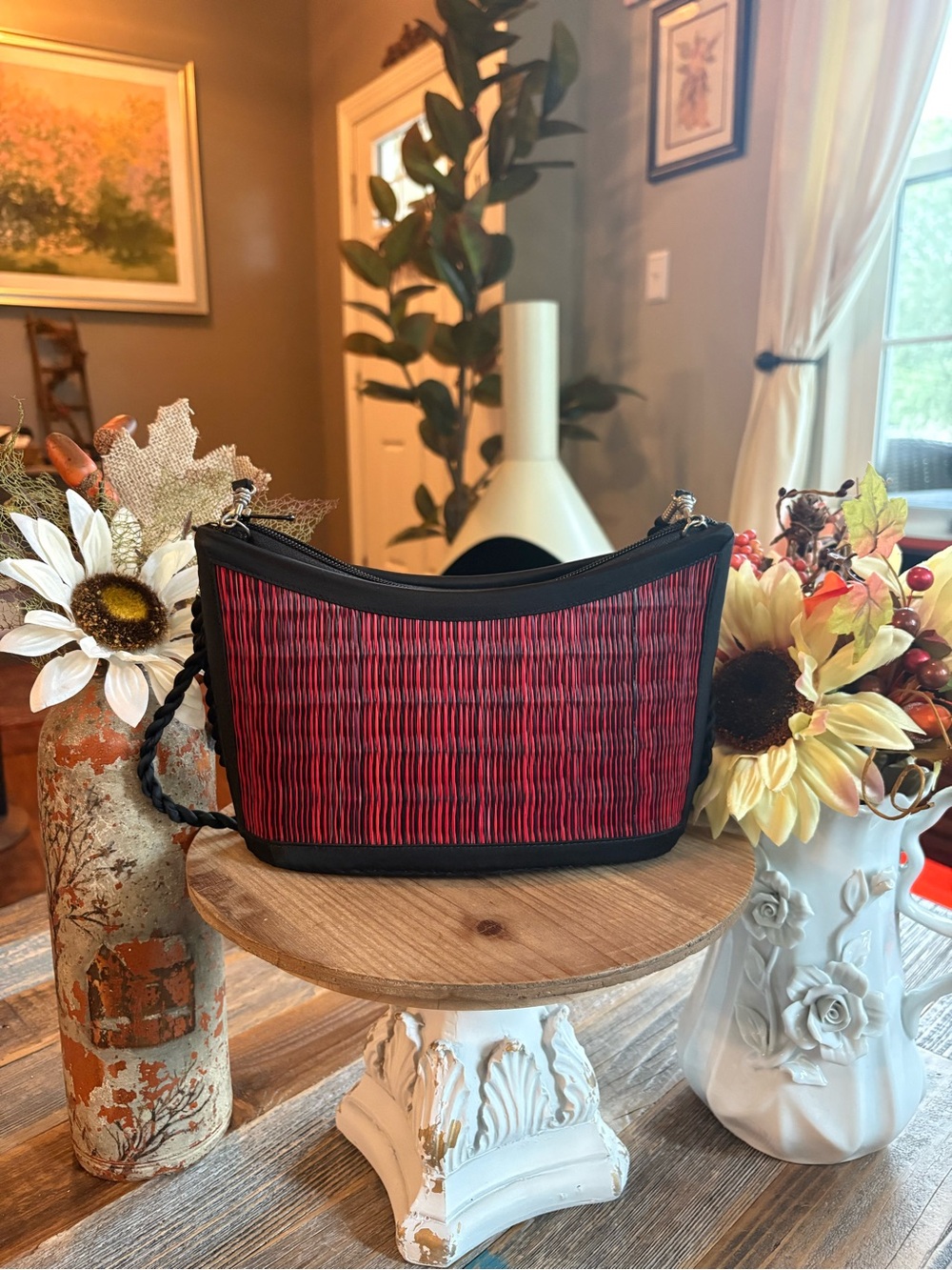 Baskets of Cambodia Red & Black Woven Shoulder Bag Braided Strap - Picture 2 of 5